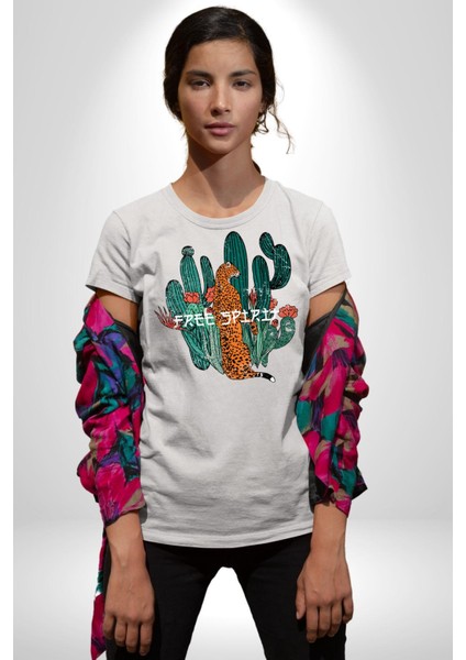 Kaktüs Çita Kadın Erkek Unisex Beyaz Organik Baskılı T-Shirt Penye Yüksek Kalite