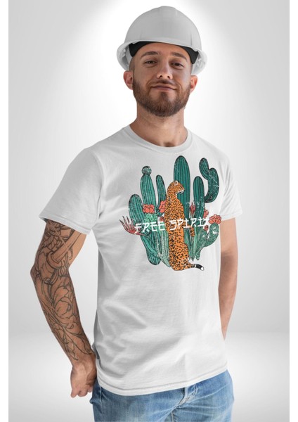 Kaktüs Çita Kadın Erkek Unisex Beyaz Organik Baskılı T-Shirt Penye Yüksek Kalite modelleri