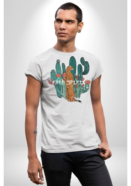 Kaktüs Çita Kadın Erkek Unisex Beyaz Organik Baskılı T-Shirt Penye Yüksek Kalite fırsatları