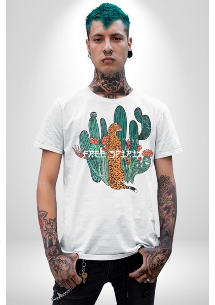 Kaktüs Çita Kadın Erkek Unisex Beyaz Organik Baskılı T-Shirt Penye Yüksek Kalite indirimleri
