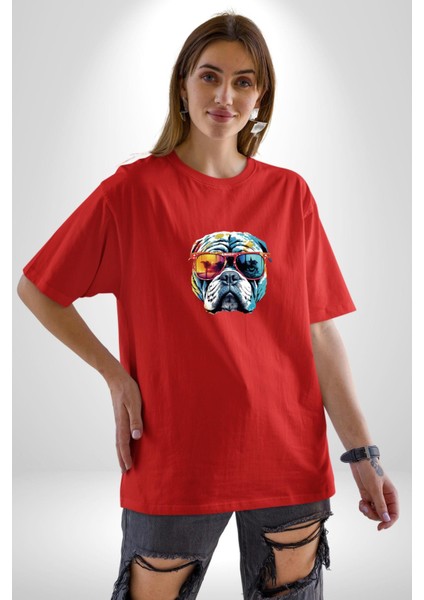 Bull Terier Köpek Gözlük Renkli Pamuklu Bisiklet Yaka Kadın Erkek Oversize Boyfriend Dijital Baskılı Kırmızı T-Shirt