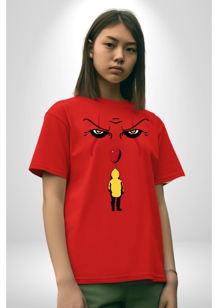 Pennywise Vs Georgie Korku Filmi Pamuklu Bisiklet Yaka Kadın Erkek Oversize Boyfriend Dijital Baskılı Kırmızı T-Shirt