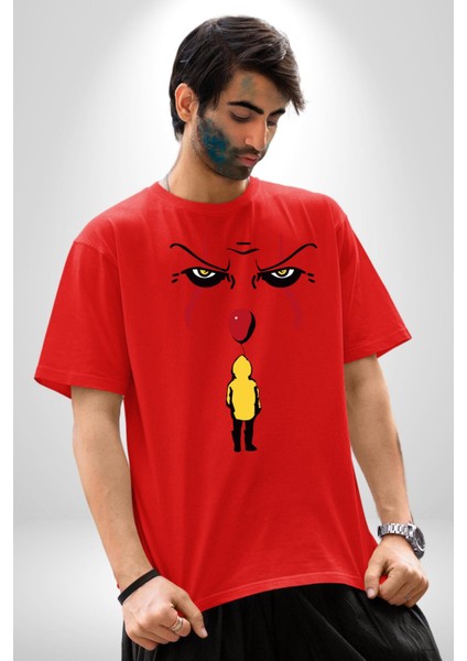 Pennywise Vs Georgie Korku Filmi Pamuklu Bisiklet Yaka Kadın Erkek Oversize Boyfriend Dijital Baskılı Kırmızı T-Shirt