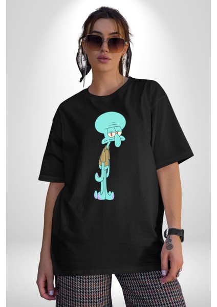 Squidwads Ahtapot Pamuklu Bisiklet Yaka Kadın Erkek Oversize Boyfriend Dijital Baskılı Siyah T-Shirt