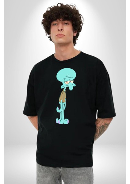 Squidwads Ahtapot Pamuklu Bisiklet Yaka Kadın Erkek Oversize Boyfriend Dijital Baskılı Siyah T-Shirt