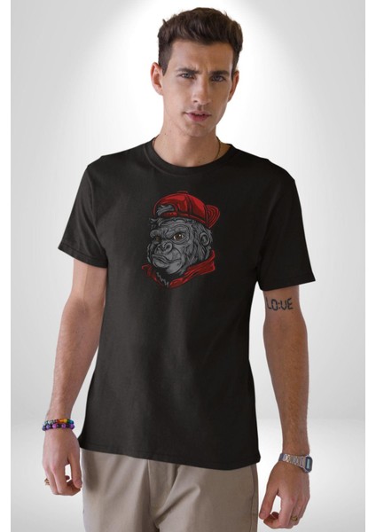 Kırmızı Şapka Maymun Kadın Erkek Unisex Siyah Organik Baskılı T-Shirt Penye Yüksek Kalite