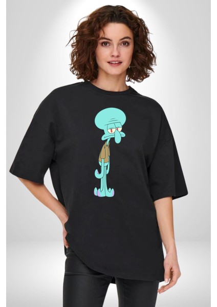 Squidwads Ahtapot Pamuklu Bisiklet Yaka Kadın Erkek Oversize Boyfriend Dijital Baskılı Siyah T-Shirt