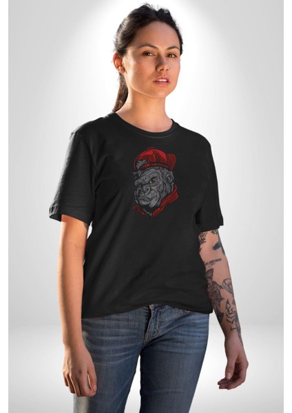 Kırmızı Şapka Maymun Kadın Erkek Unisex Siyah Organik Baskılı T-Shirt Penye Yüksek Kalite