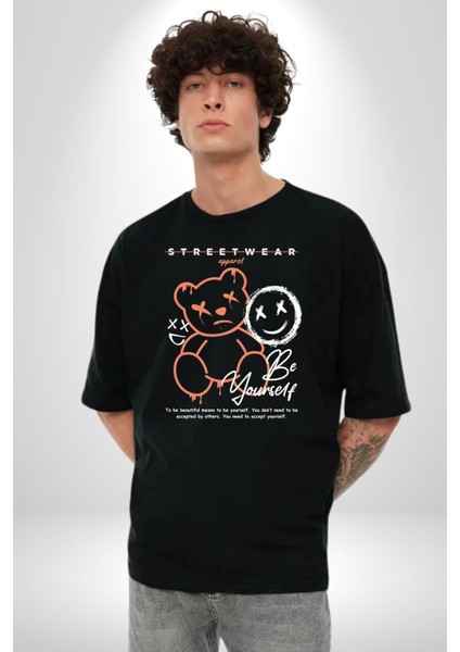 Yükseliş Için Kendin Ol Pamuklu Bisiklet Yaka Kadın Erkek Oversize Boyfriend Dijital Baskılı Siyah T-Shirt