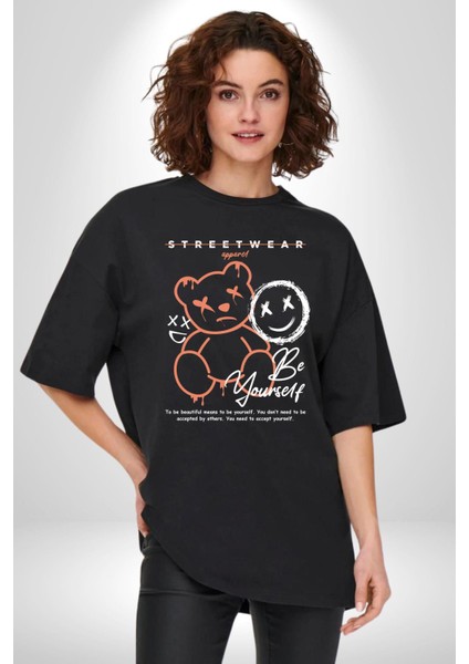 Yükseliş Için Kendin Ol Pamuklu Bisiklet Yaka Kadın Erkek Oversize Boyfriend Dijital Baskılı Siyah T-Shirt fiyatları