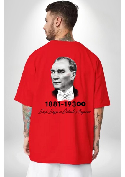 Atatürk 10 Kasım Anma Kırmızı Oversize Kadın Erkek Ön ve Sırt Baskılı T-Shirt