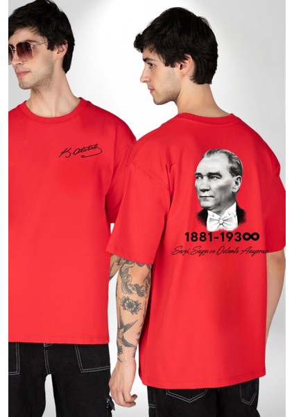 Atatürk 10 Kasım Anma Kırmızı Oversize Kadın Erkek Ön ve Sırt Baskılı T-Shirt