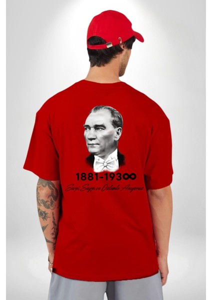 Atatürk 10 Kasım Anma Kırmızı Oversize Kadın Erkek Ön ve Sırt Baskılı T-Shirt
