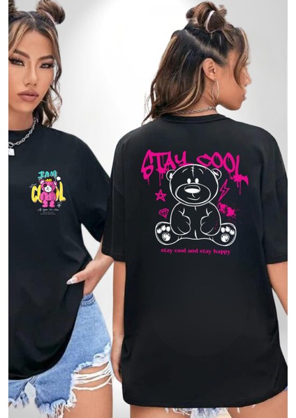 Serin ve Mutlu Kal Siyah Oversize Kadın Erkek Ön ve Sırt Baskılı T-Shirt