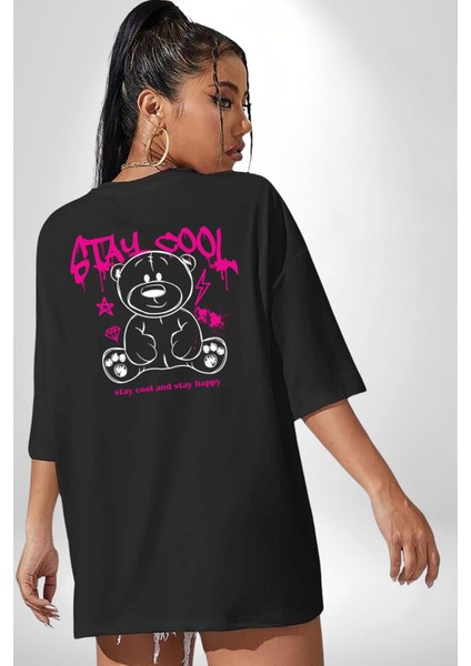 Serin ve Mutlu Kal Siyah Oversize Kadın Erkek Ön ve Sırt Baskılı T-Shirt