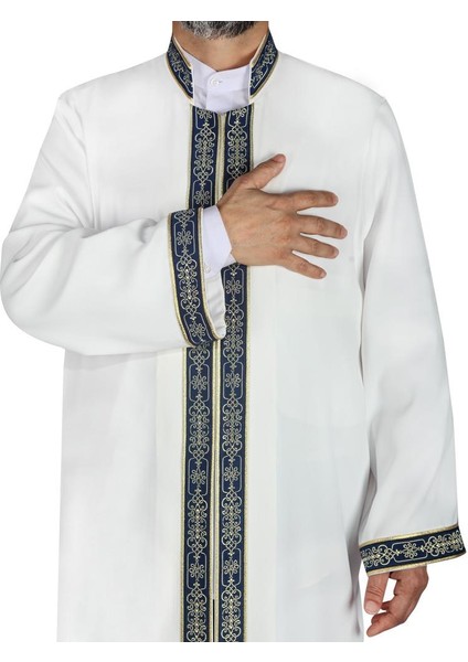 Imam Cübbesi Kemik - Rengi Lacivert Biyeli Bordürlü