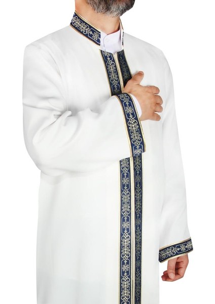 Imam Cübbesi Kemik - Rengi Lacivert Biyeli Bordürlü