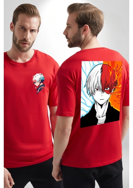 My Hero Academia Boku Anime Kırmızı Oversize Kadın Erkek Ön ve Sırt Baskılı T-Shirt