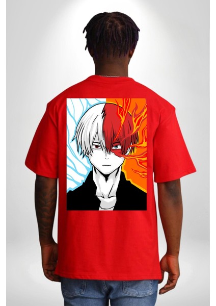 My Hero Academia Boku Anime Kırmızı Oversize Kadın Erkek Ön ve Sırt Baskılı T-Shirt