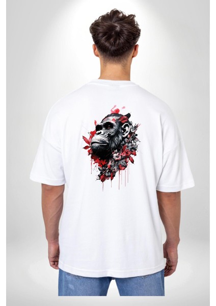 Çiçekli Goril Doğa Beyaz Oversize Kadın Erkek Ön ve Sırt Baskılı T-Shirt fiyatları