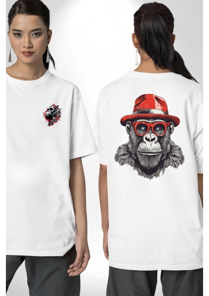 Çiçekli Goril Doğa Beyaz Oversize Kadın Erkek Ön ve Sırt Baskılı T-Shirt