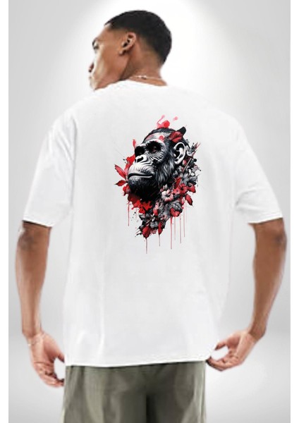 Çiçekli Goril Doğa Beyaz Oversize Kadın Erkek Ön ve Sırt Baskılı T-Shirt fırsatları