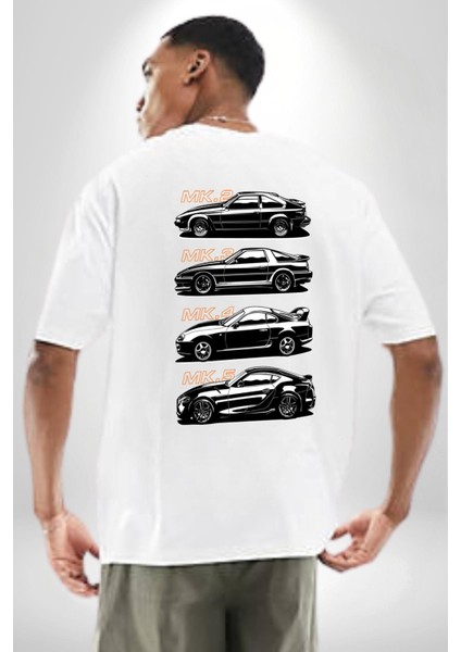 Toyota Supra Mk Serisi Beyaz Oversize Kadın Erkek Ön ve Sırt Baskılı T-Shirt fiyatları