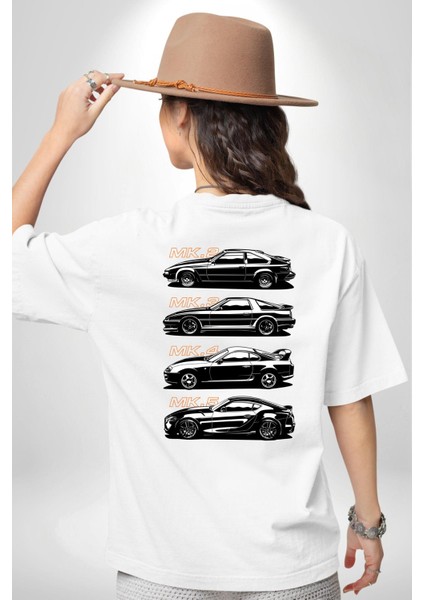 Toyota Supra Mk Serisi Beyaz Oversize Kadın Erkek Ön ve Sırt Baskılı T-Shirt fırsatları