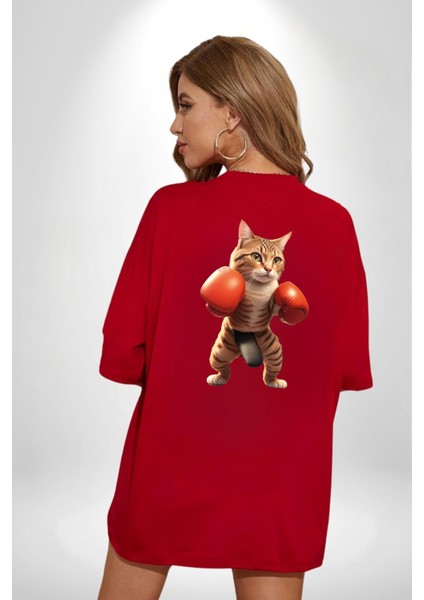 Boks Yapan Kedi Kırmızı Oversize Kadın Erkek Ön ve Sırt Baskılı T-Shirt