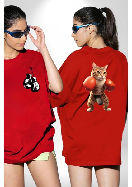 Boks Yapan Kedi Kırmızı Oversize Kadın Erkek Ön ve Sırt Baskılı T-Shirt