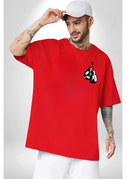 Boks Yapan Kedi Kırmızı Oversize Kadın Erkek Ön ve Sırt Baskılı T-Shirt