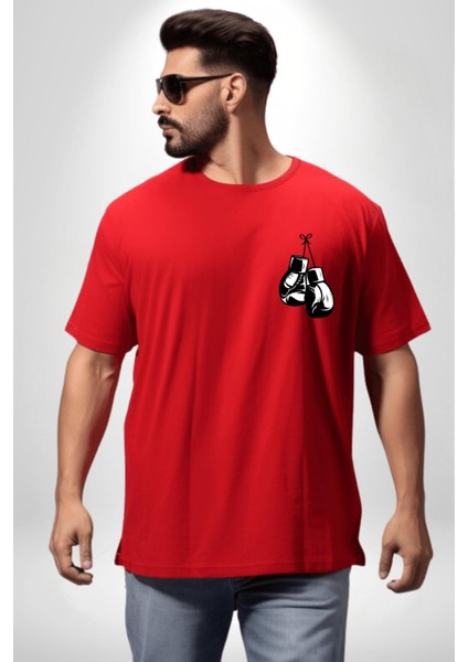 Boks Yapan Kedi Kırmızı Oversize Kadın Erkek Ön ve Sırt Baskılı T-Shirt