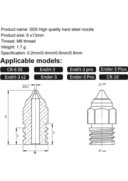 Creality Cr-6 Se-Max-Ender 3 S1 Uyumlu Sertleştirilmiş Çelik Nozzle(0.4mm)