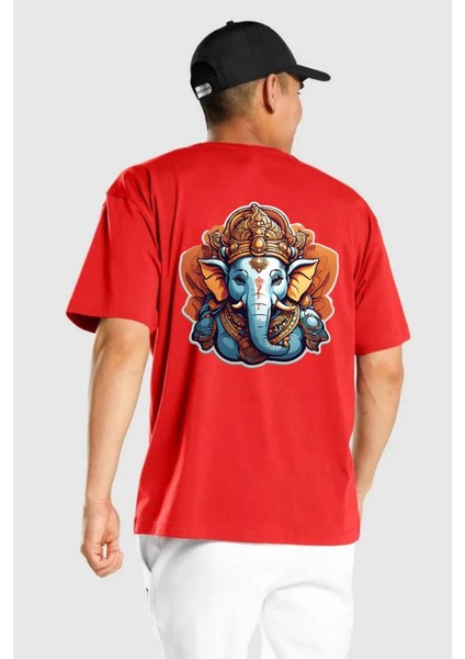 Hindu Fil Bereket Tanrısı Kırmızı Oversize Kadın Erkek Ön ve Sırt Baskılı T-Shirt fiyatları