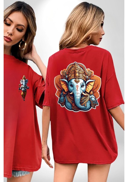 Hindu Fil Bereket Tanrısı Kırmızı Oversize Kadın Erkek Ön ve Sırt Baskılı T-Shirt