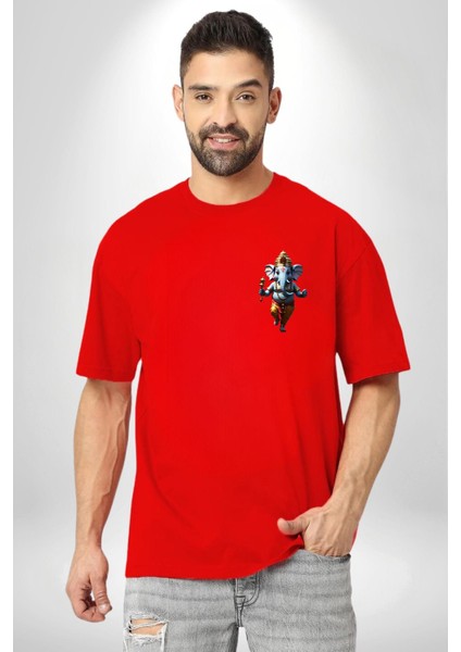 Hindu Fil Bereket Tanrısı Kırmızı Oversize Kadın Erkek Ön ve Sırt Baskılı T-Shirt modelleri