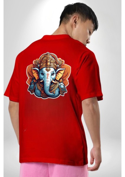 Hindu Fil Bereket Tanrısı Kırmızı Oversize Kadın Erkek Ön ve Sırt Baskılı T-Shirt fırsatları