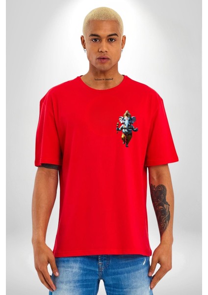Hindu Fil Bereket Tanrısı Kırmızı Oversize Kadın Erkek Ön ve Sırt Baskılı T-Shirt indirimleri