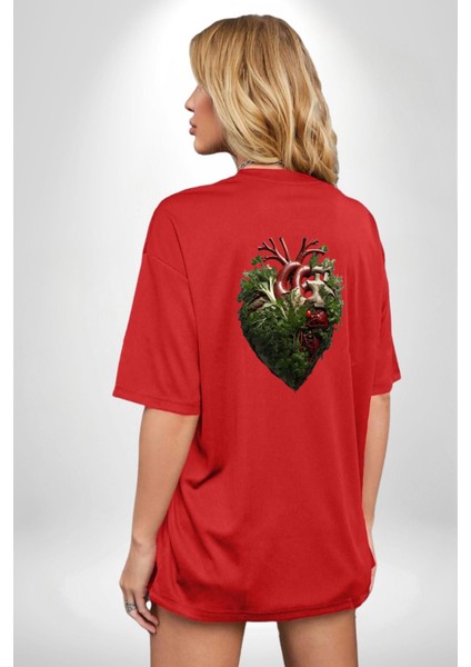 Doğanın Kalbi Yeşillikler Kalp Kırmızı Oversize Kadın Erkek Ön ve Sırt Baskılı T-Shirt fırsatları