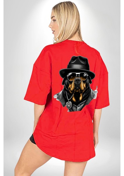 Mafya Rottweiler Kırmızı Oversize Kadın Erkek Ön ve Sırt Baskılı T-Shirt fiyatları
