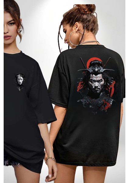 Asyalı Japon Samuray Savaşcı Siyah Oversize Kadın Erkek Ön ve Sırt Baskılı T-Shirt