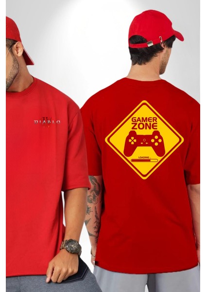 Game Oyun Alanı Kırmızı Oversize Kadın Erkek Ön ve Sırt Baskılı T-Shirt