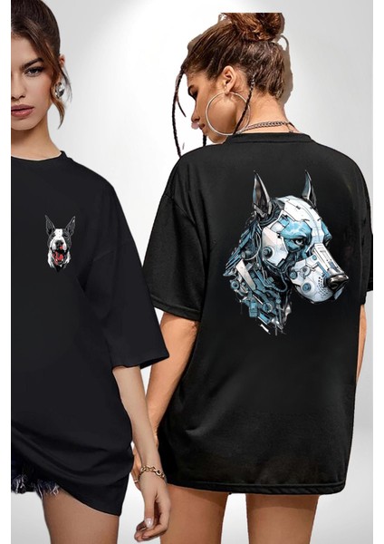Robot Cyborg Köpek Doberman Siyah Oversize Kadın Erkek Ön ve Sırt Baskılı T-Shirt