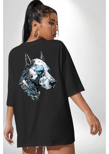 Robot Cyborg Köpek Doberman Siyah Oversize Kadın Erkek Ön ve Sırt Baskılı T-Shirt
