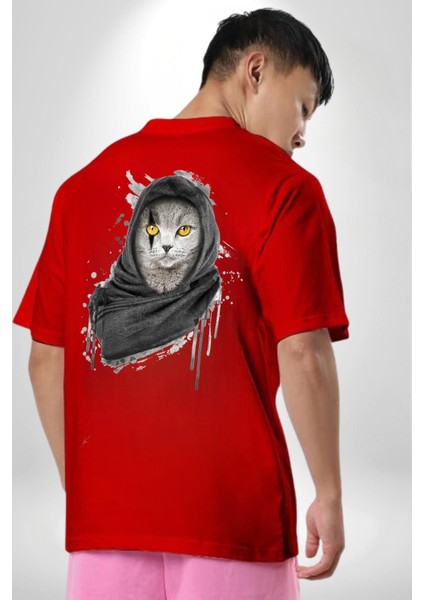 Safari Kedi Şal Eşarp Kırmızı Oversize Kadın Erkek Ön ve Sırt Baskılı T-Shirt