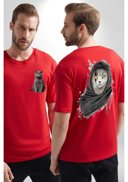 Safari Kedi Şal Eşarp Kırmızı Oversize Kadın Erkek Ön ve Sırt Baskılı T-Shirt