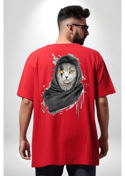 Safari Kedi Şal Eşarp Kırmızı Oversize Kadın Erkek Ön ve Sırt Baskılı T-Shirt