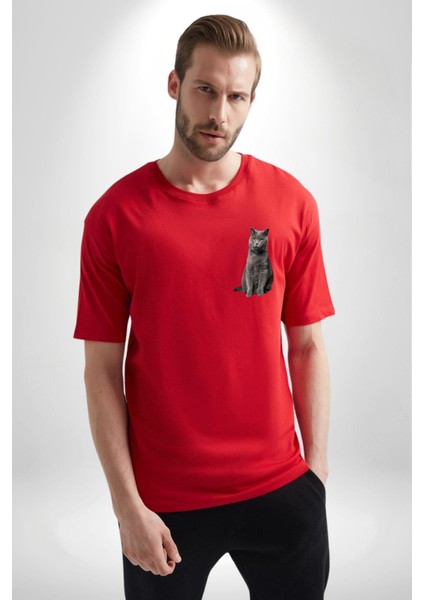 Safari Kedi Şal Eşarp Kırmızı Oversize Kadın Erkek Ön ve Sırt Baskılı T-Shirt