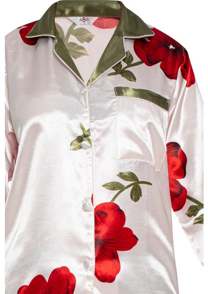 Çiçekli Gömlek Yaka Saten Kadın Pijama Takımı S1014