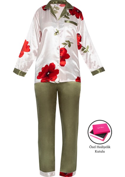 Çiçekli Gömlek Yaka Saten Kadın Pijama Takımı S1014